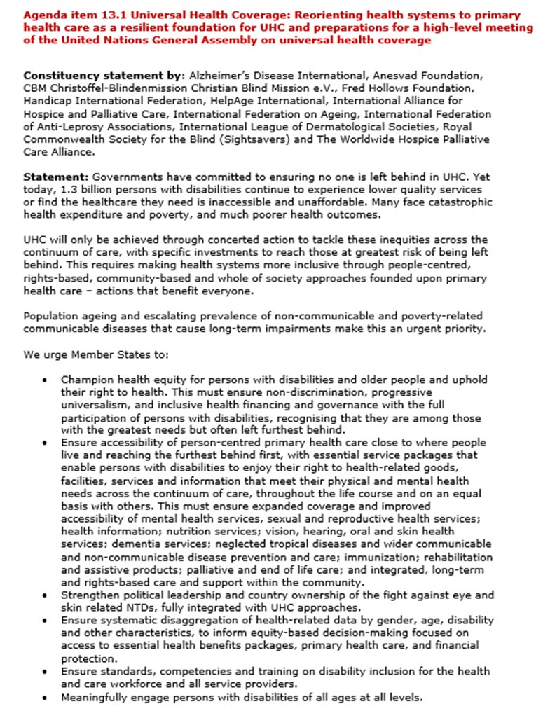 Such a privilege to read this joint constituency statement at #WHA76 this evening. We are calling on Member States to champion #HealthEquity for persons with disabilities and older people in the #UHCHLM and to uphold their #RightToHealth 👉 extranet.who.int/nonstateactors… @HelpAge