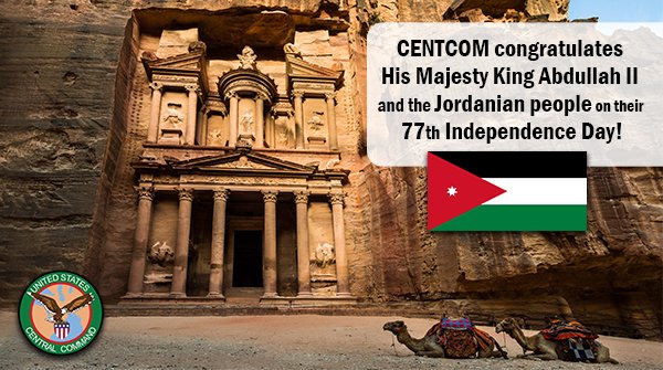 CENTCOMPashtu's tweet photo. د امریکا متحده ایالاتو مرکزي قوماندانی (سنتکام)د اردن پادشاه جلالتمآب دوهم عبدالله او د اردن ولس ته د دوی د خپلواکۍ د ۷۷ مې کلیزې په مناسبت مبارکي وایي. https://t.co/SDXABme50M