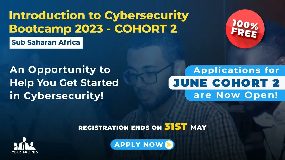 We are glad to announce the launch of #Introduction_to_Cybersecurity_Bootcamp Cohort 2,
an outstanding initiative organized by CyberTalents for students & fresh graduates in
Sub-Saharan African countries! Know more details & Register Now: buff.ly/40du91v

#Cybersecurity