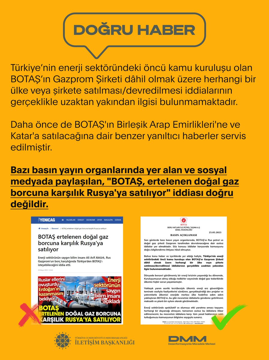 dmmiletisim's tweet photo. 📌"BOTAŞ, ertelenen doğal gaz borcuna karşılık Rusya'ya satılıyor" iddiası doğru değildir.

➡️BOTAŞ’ın Gazprom şirketi dâhil herhangi bir ülke veya şirkete satılması/devredilmesi söz konusu değildir. https://t.co/FKrzrEXArk