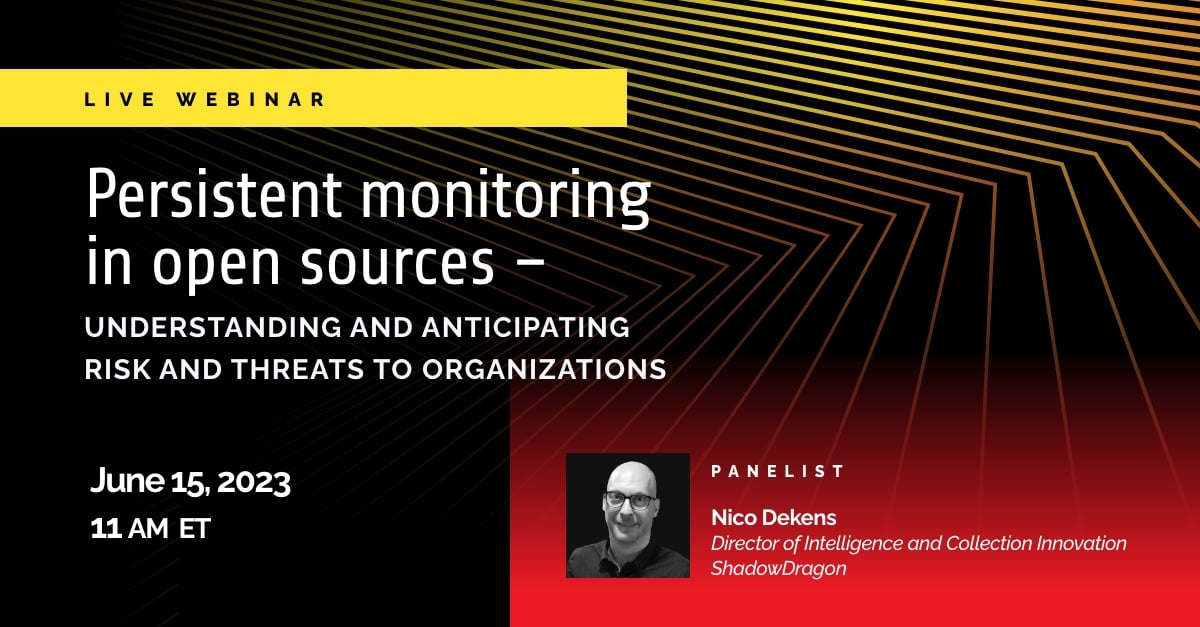 Private sector orgs: Learn to use #OSINT to recognize & monitor risks in our @EY_US webinar, “Persistent monitoring in open sources: understanding & anticipating risk and threats to organizations, ft. panelist Nico Dekens.
Register: hubs.la/Q01RcRyC0
#OSINTForGood #Webinar