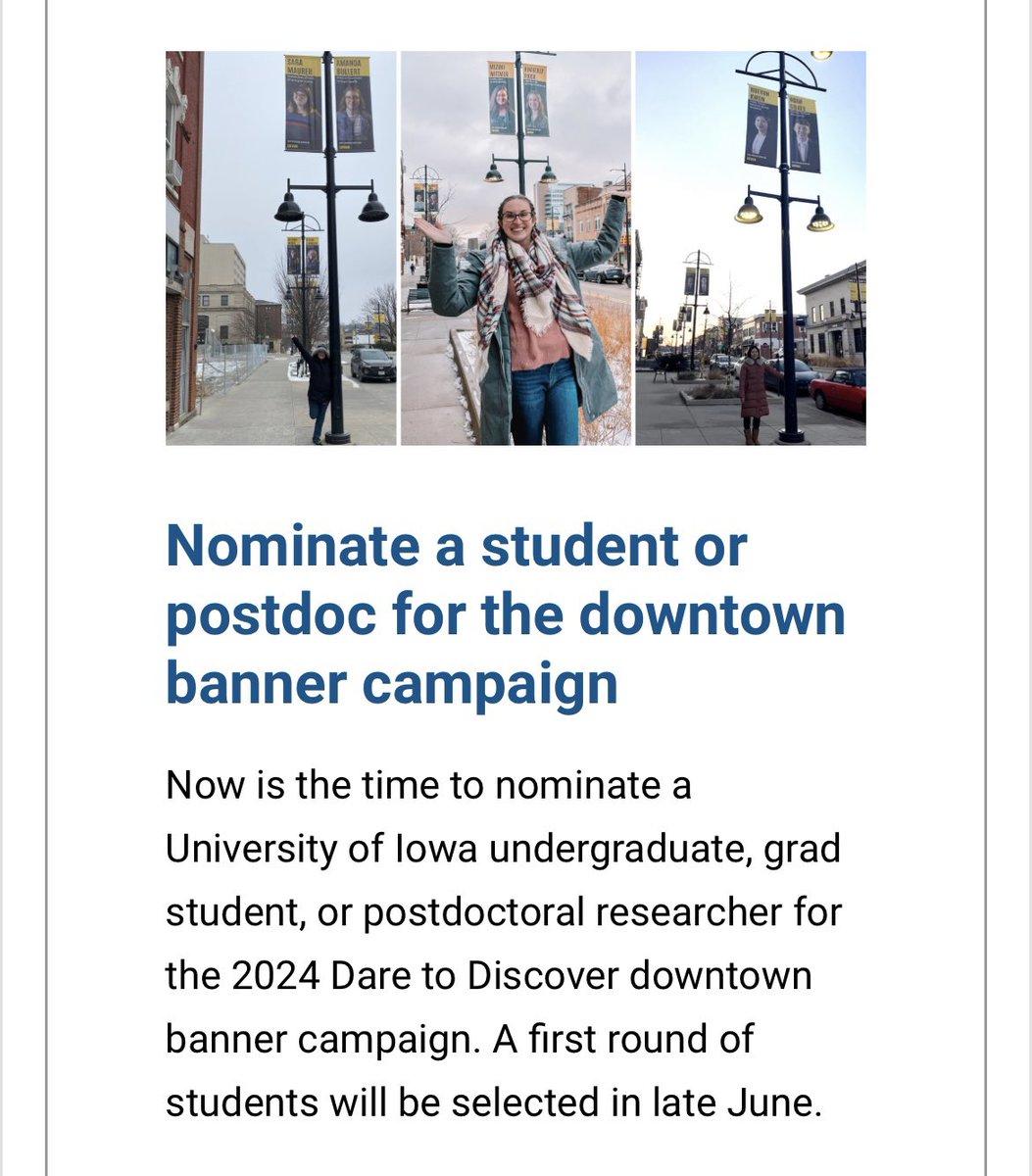 University of Iowa Postdoc Association (UIPDA) (@uipostdoc) on Twitter photo We want to commend <a href="/UIowaResearch/">UIowa Research</a> for promoting postdoc visibility and for acknowledging postdocs as a unique group of research professionals on campus!
More info on nominations: research.uiowa.edu/nominate-stude… We want to commend <a href="/UIowaResearch/">UIowa Research</a> for promoting postdoc visibility and for acknowledging postdocs as a unique group of research professionals on campus!
More info on nominations: research.uiowa.edu/nominate-stude…