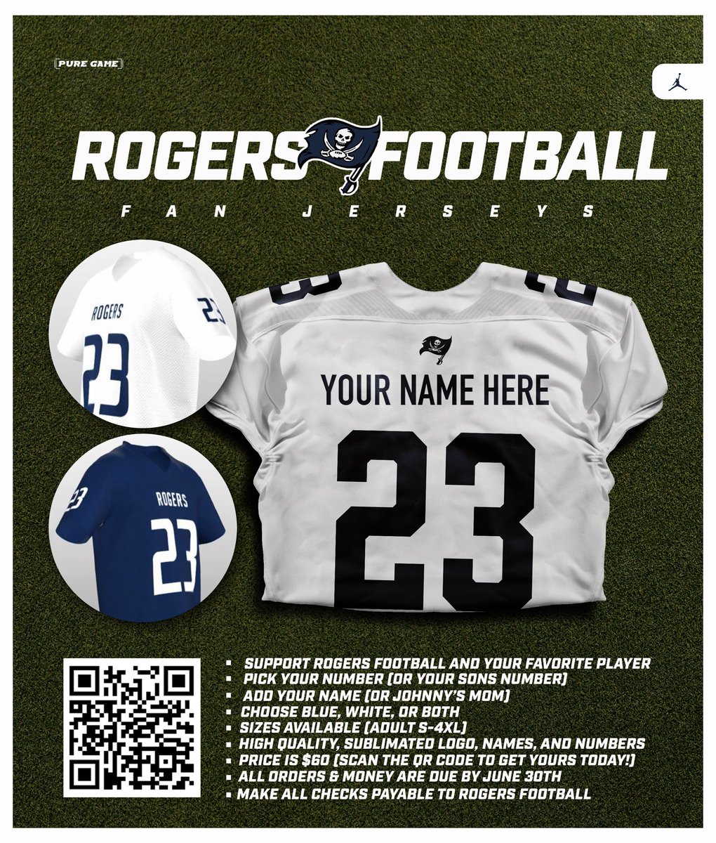 Get your Pirate 🏈 custom fan jersey‼️

Scan the QR Code to order‼️ 

Orders due June 30th 

#DYJ #RollBlue #SWAG23