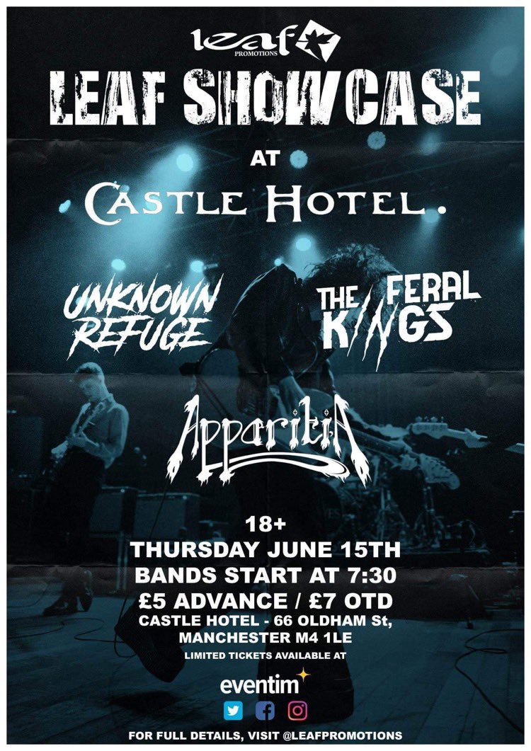 MANCHESTER 

We’re playing next months <a href="/leafpromotions/">Leaf Promotions</a> showcase at the Castle Hotel with <a href="/UNKNOWN_REFUGE/">UNKNOWN REFUGE</a> and The Feral Kings on 15th June. Get your tickets here - linktr.ee/apparitiauk