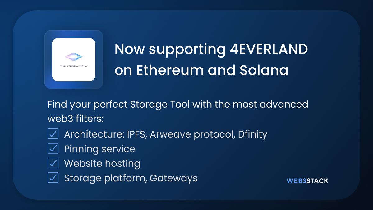 web3stackme's tweet image. Web3stack now supports @4everland_org on Ethereum and Solana
4EVERLAND is a Web3 infrastructure facilitating projects easier and faster to host frontend and store data/NFT/file
Vote for @4everland_org as the best Storage Tool
Explore more web3 Storage Tools on Web3stack