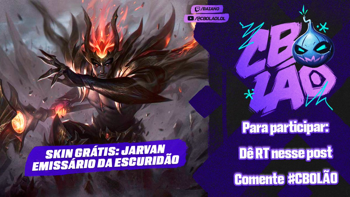 CBOLAOgg's tweet photo. 🚨 SKIN GRÁTIS - JARVAN EMISSÁRIO DA ESCURIDÃO

Hoje começa o QUALIFY DOS MONO CHAMPIONS, tá todo mundo feliz, então pra aumentar a festa vai rolar skin grátis pra galera!

Dá RT nesse post e comenta com a #CBOLÃO pra participar!

#AcademiaDePiltover  #LeaguePartner https://t.co/0iqNOyCVFA