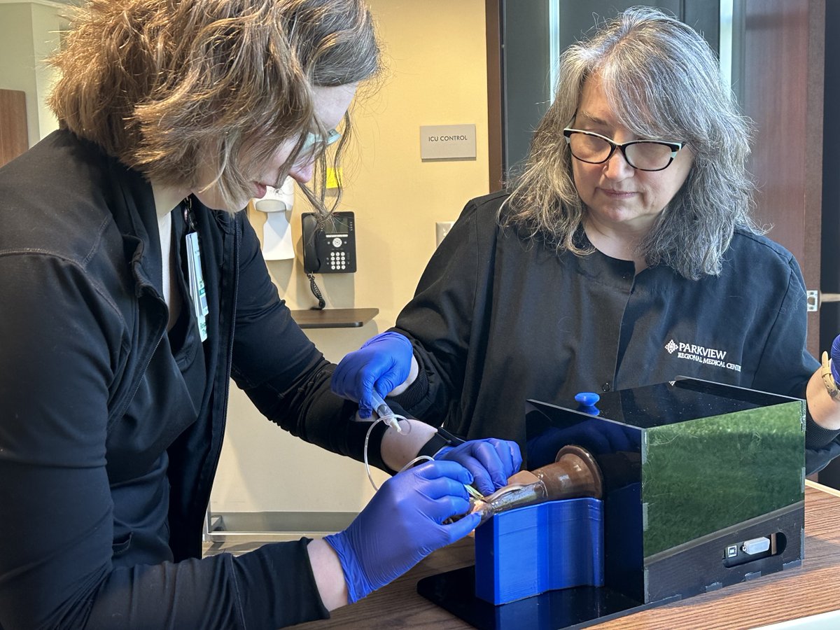 The Parkview Respiratory Therapists utilized our one-of-a-kind Neonatal Arterial Blood Gas trainer last week! This trainer was designed by engineering students at @TrineUniversity! Thank you, Trine! #HealthcareInnovation #Simulation #BiomedicalEngineering #Engineering