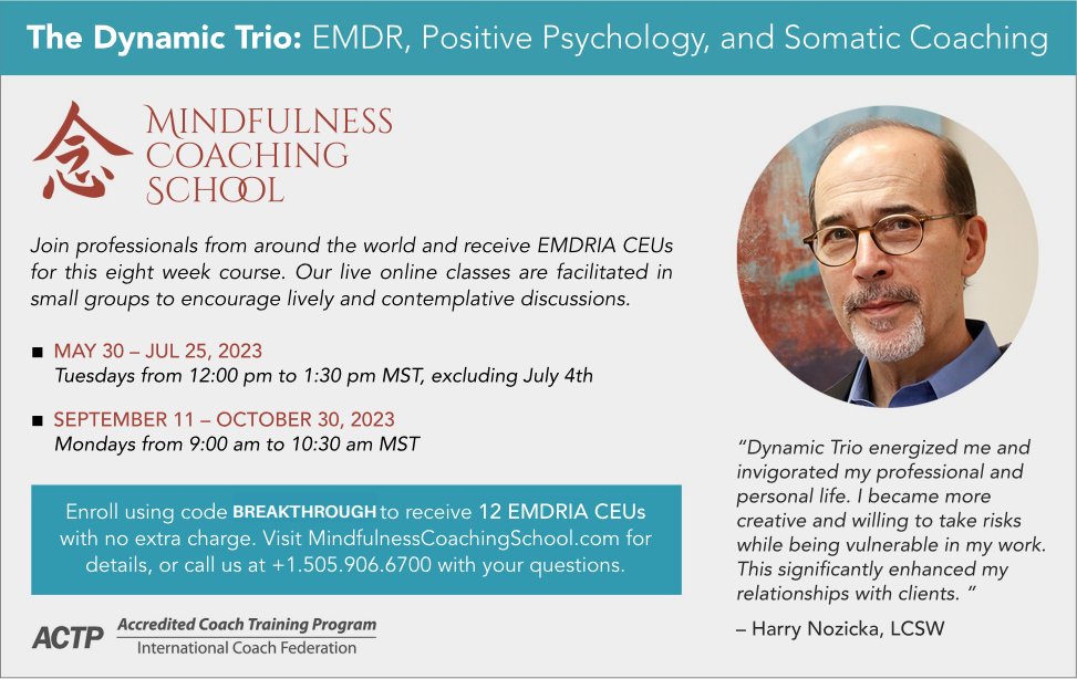 mindfulness_cs's tweet image. Last week to join our next Dynamic Trio Class on May 30th.  This class offers Counseling CEU's and #EMDRIA CEUs. 
Learn More:
mindfulnesscoachingschool.com/the-dynamic-tr…

#CEU #psychology #therapist #EMDR