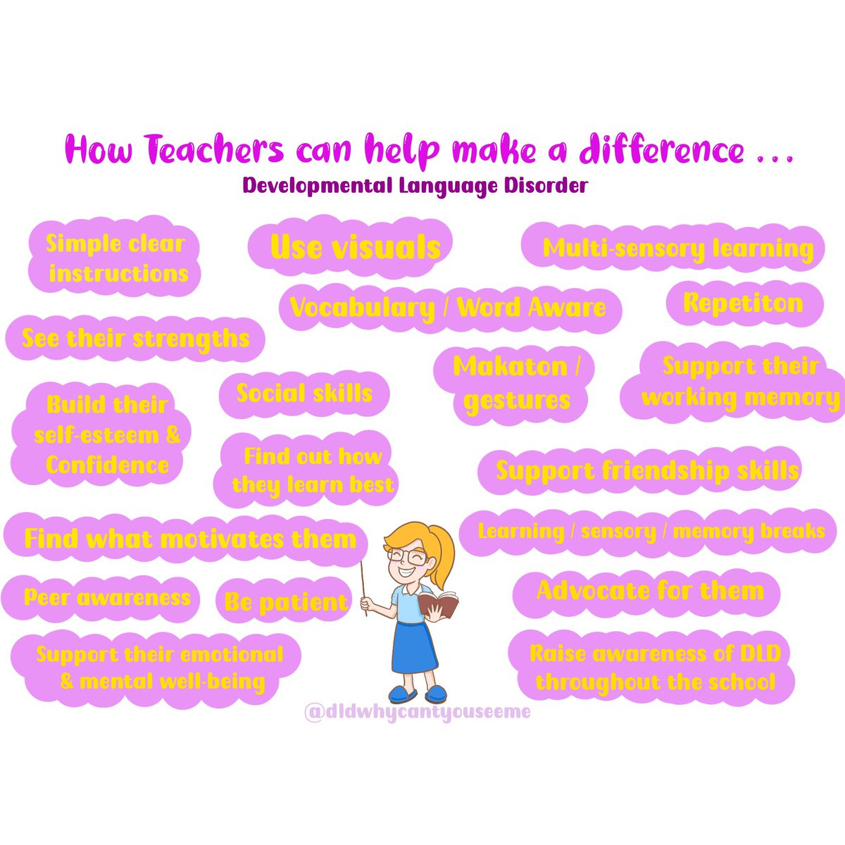 ✨ Teachers YOU can make a difference! ✨ 

Here are some simple suggestions to help those with DLD in your classroom 💜 

#dldwhycantyouseeme #developmentallanguagedisorder #devlangdis #thinkdld #Neurodiversity #teacher #school #education #slcn #invisibledisability
