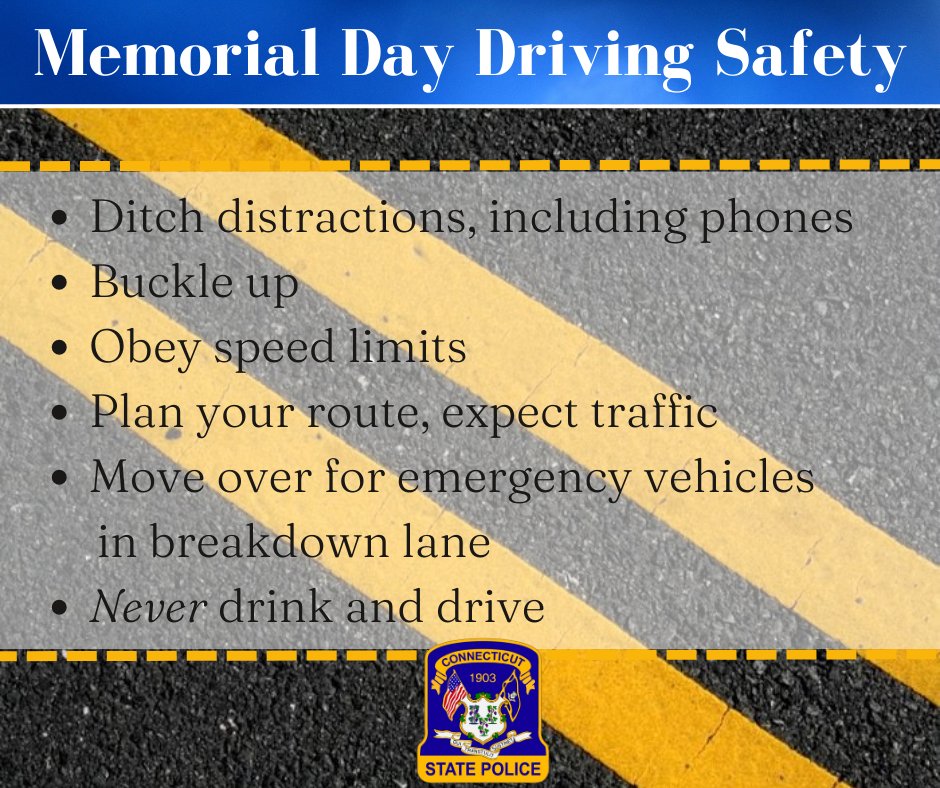 CT_STATE_POLICE's tweet photo. Your CT State Troopers will be on the roads this weekend for traffic enforcement, including DUI roving patrols. Please drive safely so that everyone arrives at their destination! #MemorialDay #cttraffic #DriveSafe #DriveSober #safedriving #safety https://t.co/QklzsLsn0V