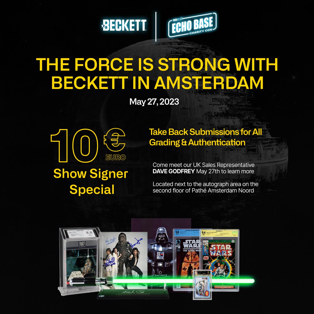 beckettcollect's tweet photo. The force is strong with Beckett in Amsterdam.

Join us at @EchoBaseCon for autograph authentication, card, ticket and VHS grading take back submissions! https://t.co/6BjAOQnBsV