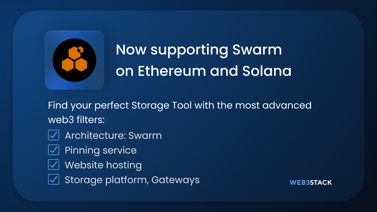 web3stackme's tweet image. Web3stack now supports @ethswarm on Ethereum and Solana
Swarm is a decentralised storage and communication system
Vote for @ethswarm as the best Storage Tool
Explore more web3 Storage Tools on Web3stack