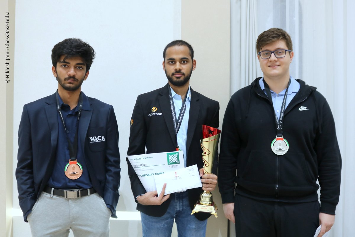 nikchess's tweet image. Congratulations 🎊 @ArjunErigaisi 🥇 #Champion    #SharjahMasters @SamSevian 🥈 @DGukesh🥉   @shj_masters @sharjah_chess @ChessbaseIndia