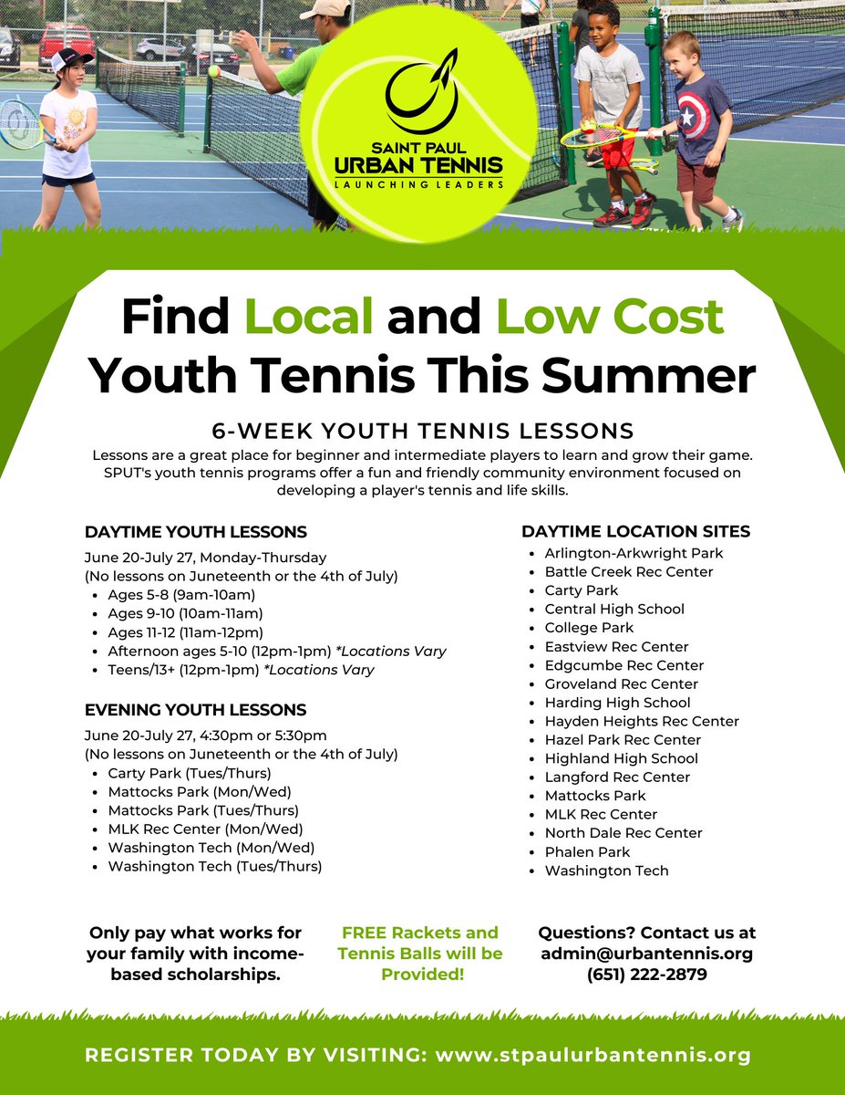 Hey everyone!

Are you looking for a fantastic way to keep your kids active and engaged this summer? Look no further! Saint Paul Urban Tennis has got you covered with our amazing youth tennis programs!

To learn more and register visit our website at stpaulurbantennis.org.