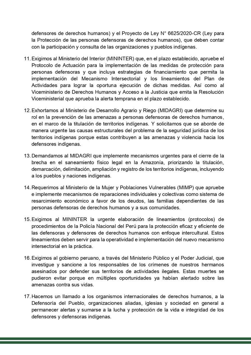 Frente a las amenazas a las vidas de los líderes indígenas en la Amazonía, AIDESEP y nuestras 9 organizaciones regionales hemos consolidado nuestras propuestas y principales demandas en la "Declaración de Defensores y Defensoras de los Pueblos Indígenas de la Amazonía peruana".