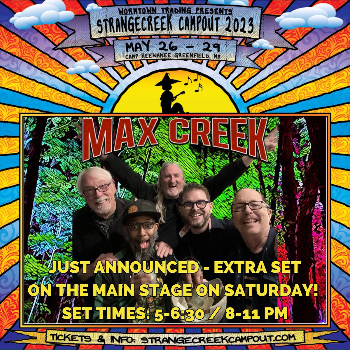Due to a family emergency, our friends in Start Making Sense will not be able to play this year's StrangeCreek. We wish them the best.

In their place, we’re stepping in to play an additional set for you Worms! 

We'll play from 5-6:30, and take the stage again from 8-11!