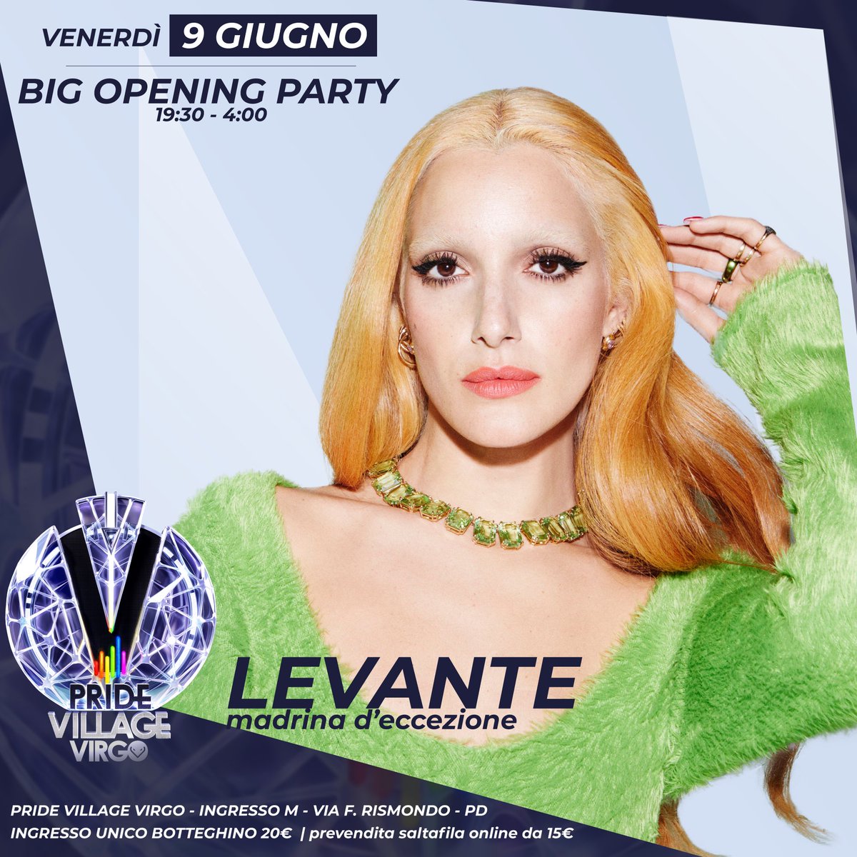 La prima ospite per l’apertura del 9 giugno in veste di madrina sarà <a href="/levantecanta/">Levante</a>! Segui i nostri social per scoprire chi farà il live e gli special guests dj.

Tutto il programma: pridevillage.it

Tutte le prevendite:
ticketmaster.it/artist/pride-v…