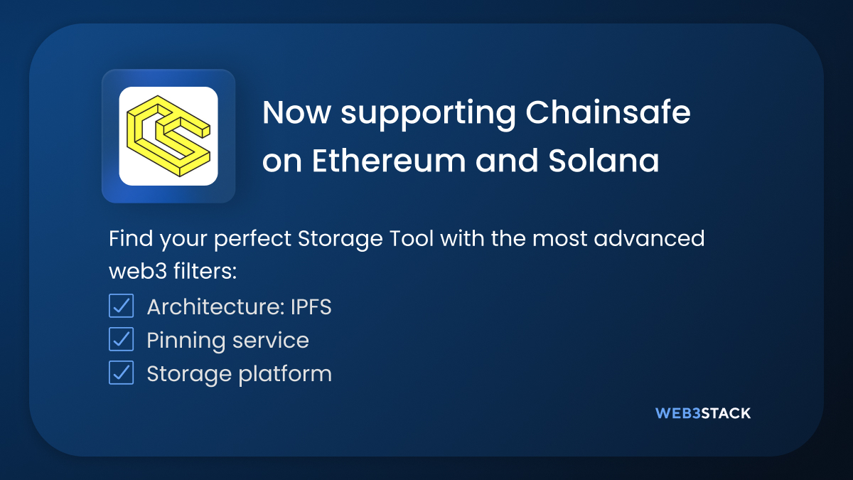 web3stackme's tweet image. Web3stack now supports @ChainSafeth on Ethereum and Solana
ChainSafe is building the infrastructure for web3 
Vote for @ChainSafeth as the best Storage Tool
Explore more web3 Storage Tools on Web3stack
