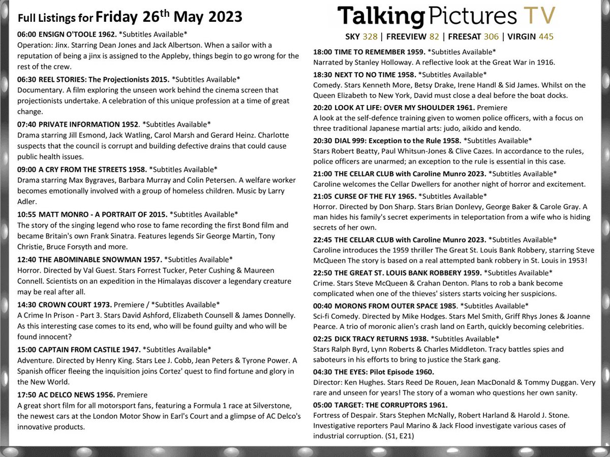 Full listings for tomorrow, Friday 26th May on #TalkingPicturesTV