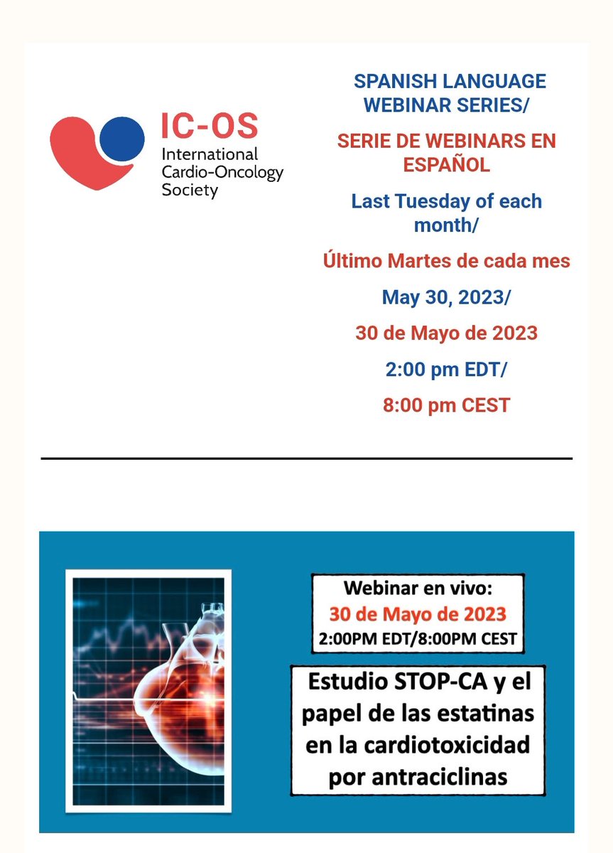 📢 Ya podéis registraros para el próximo webinar en 🇪🇦 a cargo de @andreagallardo y @Maria_blanchet sobre el papel de las #estatinas en la cardioproteccion frente a #Antraciclinas No te lo pierdas! 👇🏼👇🏼members.ic-os.org/event/SpanishL… @iLACOorg @ICOSociety @daniele_andres