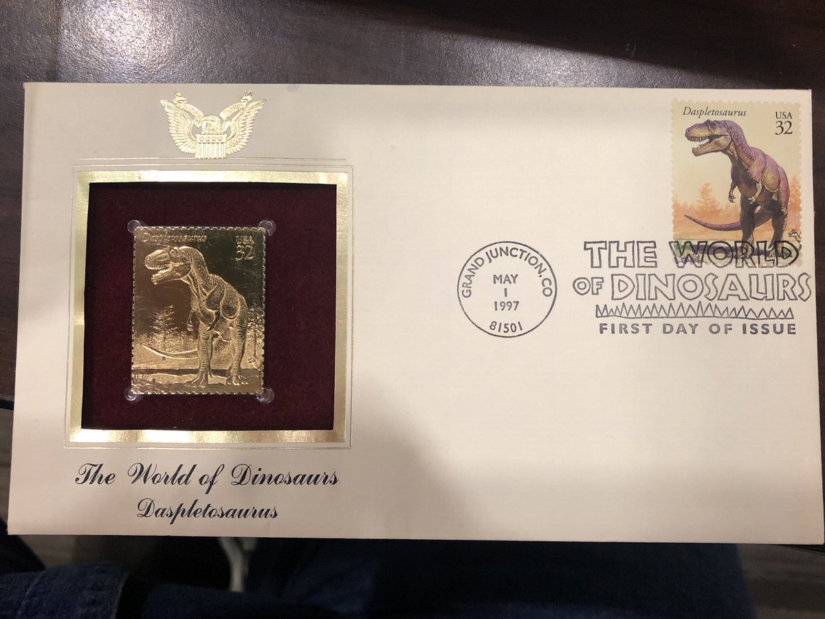 Found this really neat Daspletosaurus gold stamp replica at Savers today! I love how it has James Gurney’s artwork.