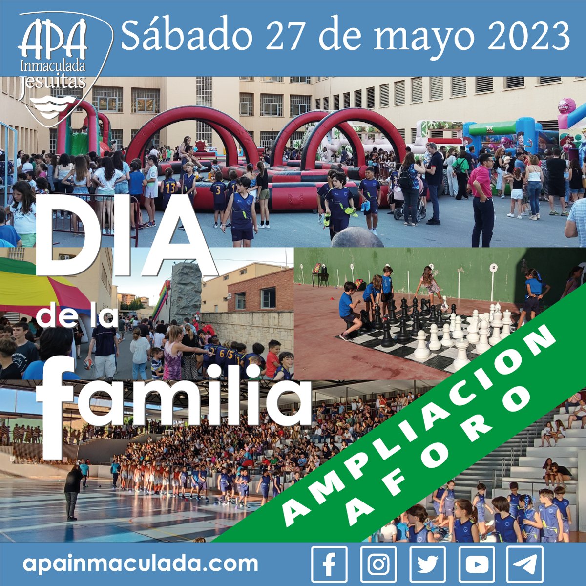 #diafamilia2023 La Junta Directiva del APA y la Dirección del Colegio hemos acordado incrementar el aforo de la zona de juegos y mesas del Día de la Familia
apainmaculada.com/aforo-dia-fami…