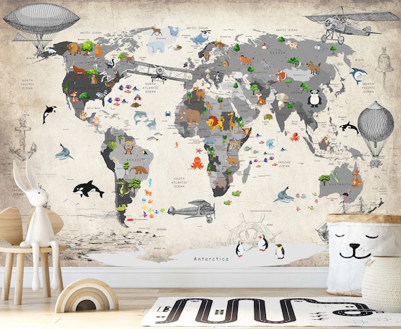 Kids Map Wallpaper Childrens Maps Peel and Stick etsy.me/3WATl1d #peelandstick #muralwallpaper #kidsworldmap #nurserywallpaper @etsymktgtool