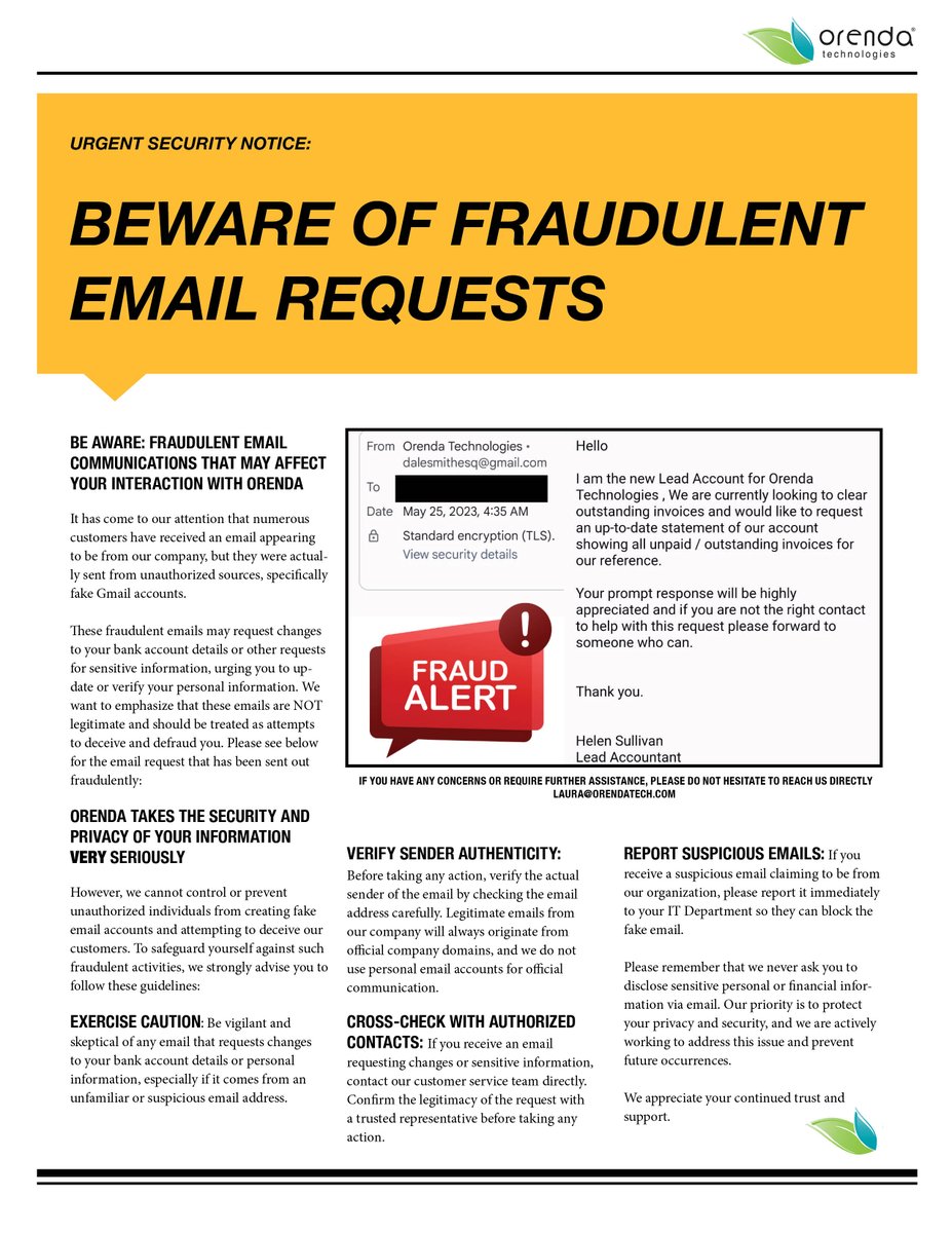orendatech's tweet photo. If you received a fraudulent email, please reach out to us directly: laura@orendatech.com. We appreciate your continued trust and support. https://t.co/b01T3SRkQa