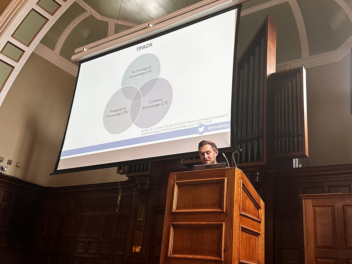 ICTEvangelist's tweet photo. @mrradburn up on stage now sharing about my favourite #TPACK model at #RGSWTeachMeet around effective pedagogy for explanations and modelling with practical examples - the @EducEndowFoundn shares lots on this too in their dig report. #EdTech #EduTwitter https://t.co/otEOkLzXMi