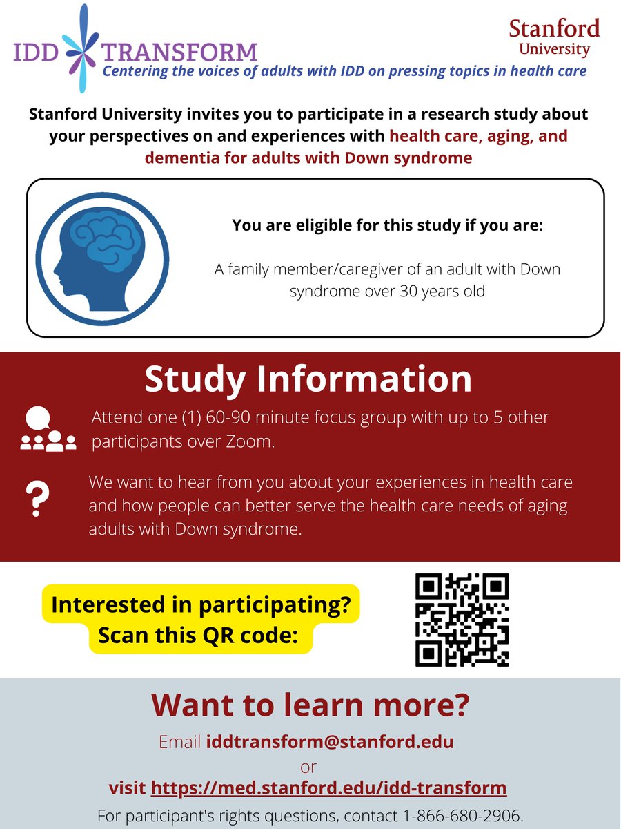 Stanford University is looking for caregivers/family members of adults with Down syndrome to participate in a 60-90-minute focus group over Zoom about their experiences with health care, aging, and dementia. Complete this form if you are interested: redcap.link/srsdskxw