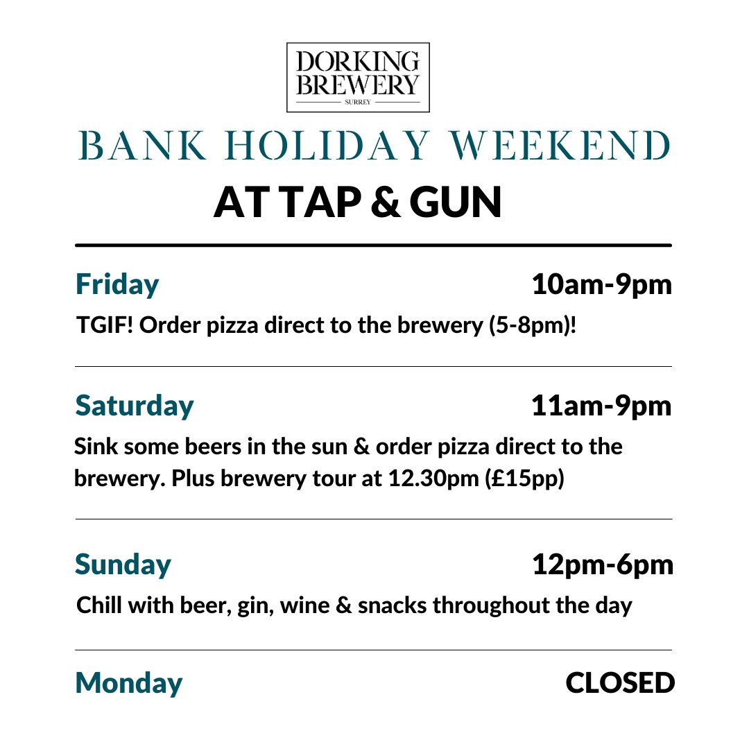 Dorking_Brewery's tweet photo. A sunny #BankHoliday weekend is shaping up nicely! ☀️
#TapAndGun #Surrey #Beers #Pizza https://t.co/KYmyP2T265