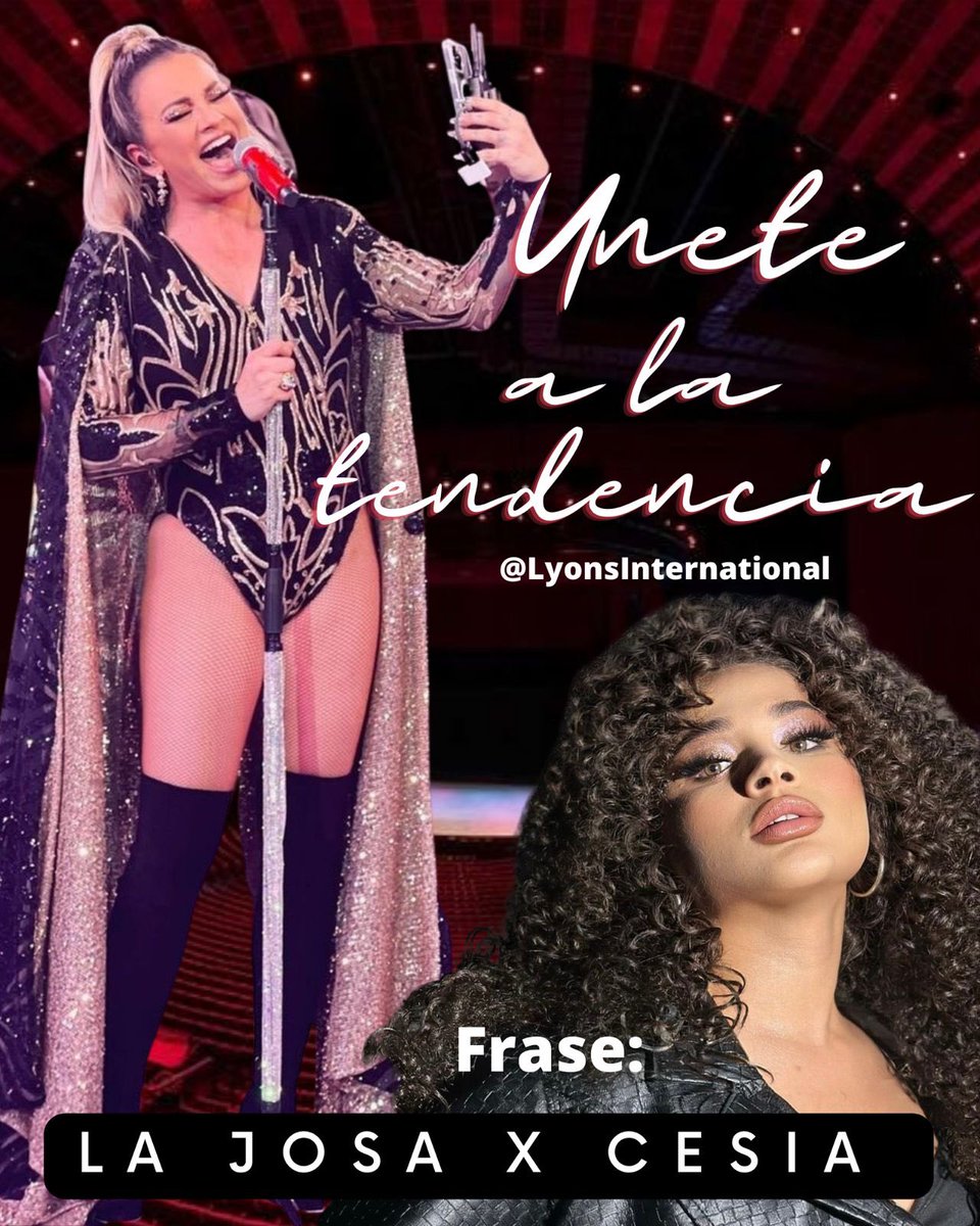 TENDENCIA 

Frase:
LA JOSA X CESIA 
Segunda meta: 2000 comentarios + RT indefinidos

 ¡Recuerden no usar números ni emojis!

<a href="/lajosa/">María José Loyola</a>
<a href="/seitrack/">OCESA Seitrack</a>
<a href="/CesiaSaenzOfic/">Cesia Sáenz Oficial 🦁</a>
<a href="/AuditorioMx/">Auditorio Nacional</a>
<a href="/ocpadilla/">Octavio Padilla</a>
<a href="/amizrahiz/">Alex Mizrahi</a>