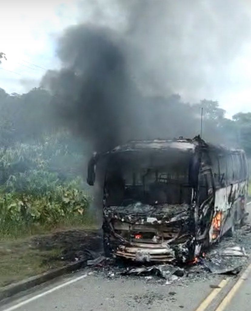 Otro vehículo más incinerado por parte del #ELN en las vías del Chocó y él gobierno aún no abre los ojos frente a la poca voluntad de paz de este grupo terrorista.¿Qué más hay que esperar para entender que la criminalidad de nuevo se está tomando al país <a href="/petrogustavo/">Gustavo Petro</a> <a href="/mindefensa/">Mindefensa</a>