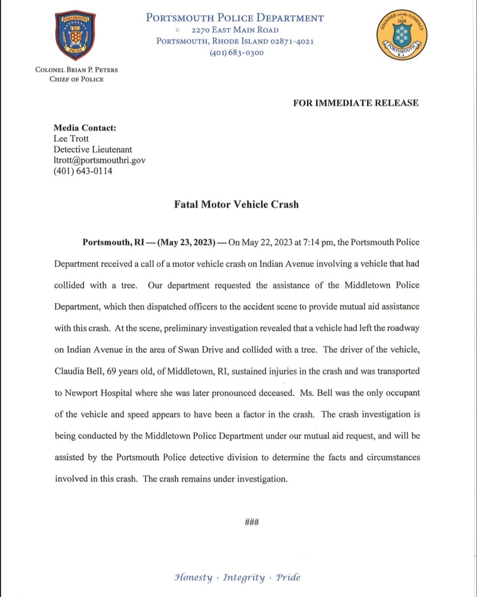 For Immediate Release - Fatal Motor Vehicle Crash