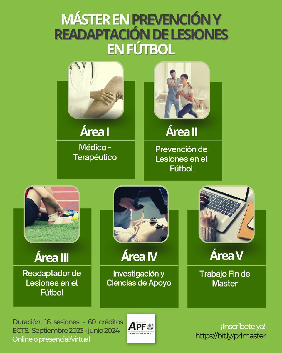 APFfutbolpf's tweet photo. Ya puedes inscribirte a nuestro XI Máster de Prevención y Readaptación de Lesiones en Fútbol ⚽️ de la #APF.

Puedes hacerlo online o presencial/ virtual 💻👥. Tú escoges.

¡Inscríbete ya en el #MasterPRL! 👇

https://t.co/WmBcpY7Bx6 https://t.co/I4CFzAJtqH