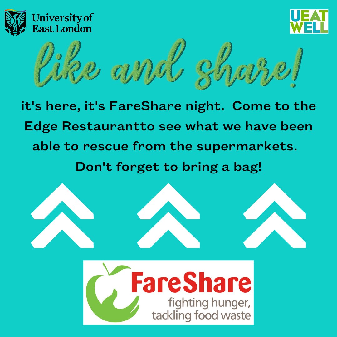 We have landed on FareShare night again. Come to the Edge for 9.45pm tonight to see what food we have been able to rescue from the supermarkets.  
#preventfoodwaste #nomorefoodwaste #freefood #sustainability #DocklandsCampus #UEL #uellife #ueatwell