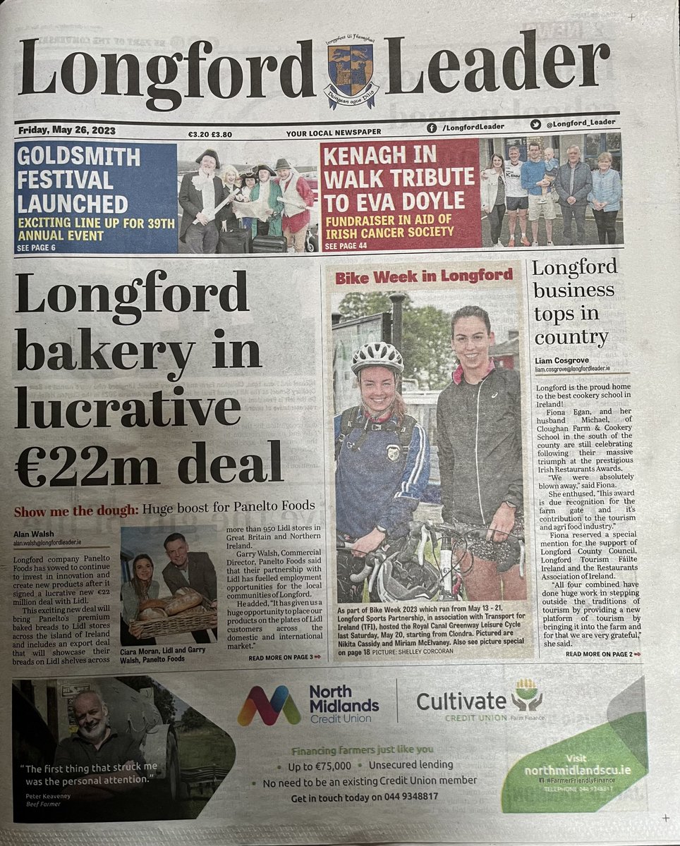 ClaireMc_C's tweet photo. Huge thanks to @Longford_Leader for covering the 39th annual @Goldsmithfest (June 2-4) on the front page and inside this week's edition. #LocalJournalism #SubscribeLocal https://t.co/WAT7rI3wdo