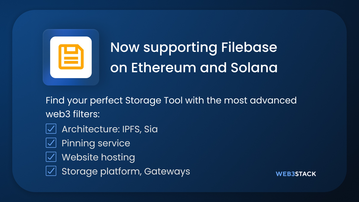 web3stackme's tweet image. Web3stack now supports @Filebase on Ethereum and Solana
Filebase is an enterprise-grade decentralized storage infrastructure 
Vote for @Filebase as the best Storage Tool
Explore more web3 Storage Tools on Web3stack