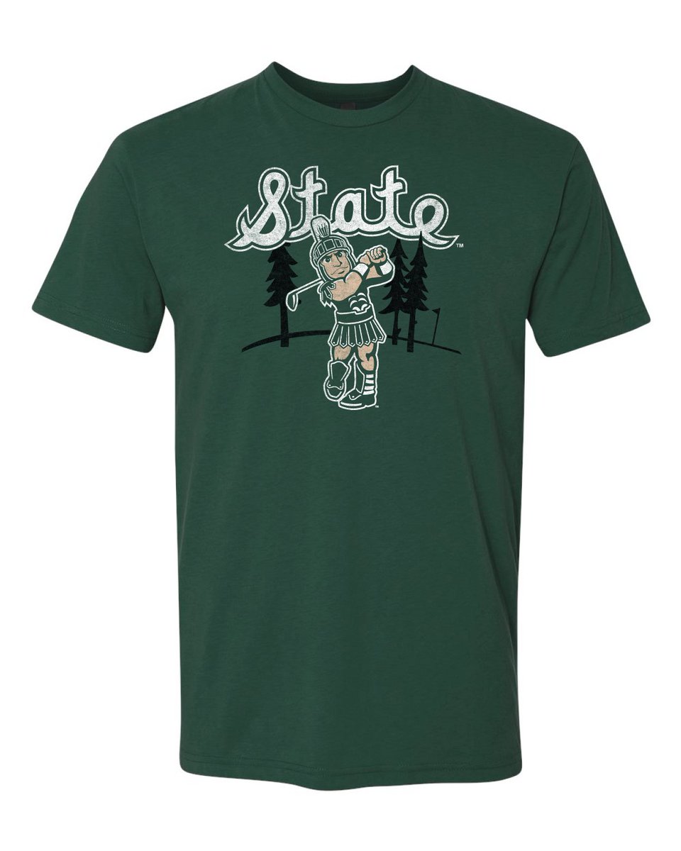 🏌️‍♂️⛳️Tee off in style with our new Golfing Sparty T-Shirt! Available Now! $29.99 and FREE shipping! #MSUGear nudgeprinting.com/products/michi…