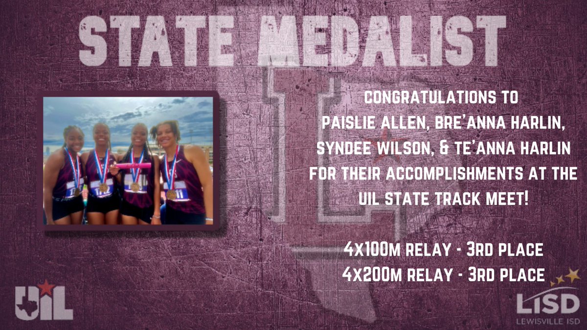 Congrats to the <a href="/lhscc_track/">Farmer Running</a> girls relay team for their third place finish in the 4x100 and 4x200 at the State Track Meet!
<a href="/LewisvilleHS/">Lewisville High School</a>