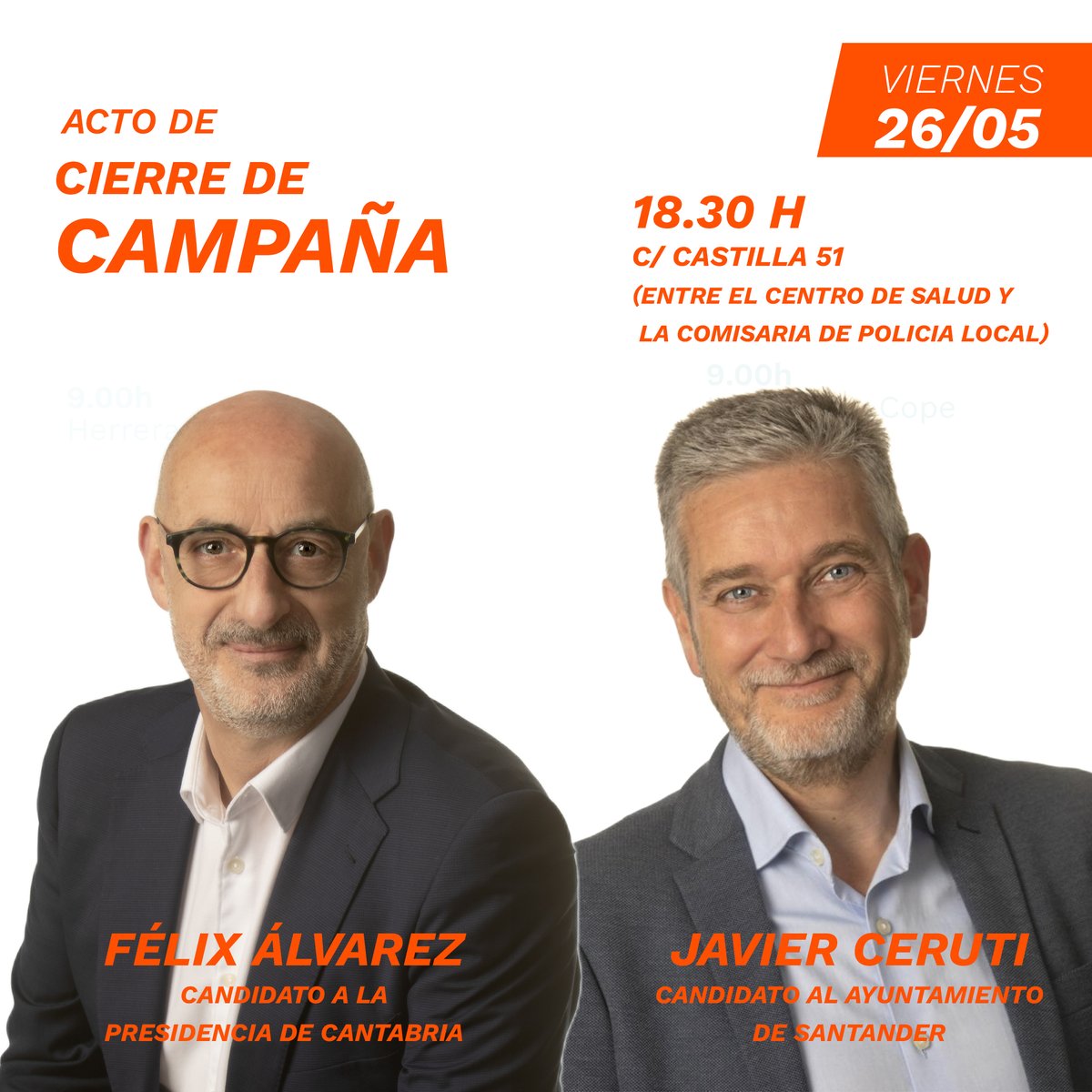 👉 Te esperamos mañana para poner el broche de oro a este periodo electoral en nuestro Acto de Cierre de Campaña en Santander.

📆 Viernes, 26 de mayo 
 ⏰ 18:30 horas 
📍 C/ Calle Castilla 51