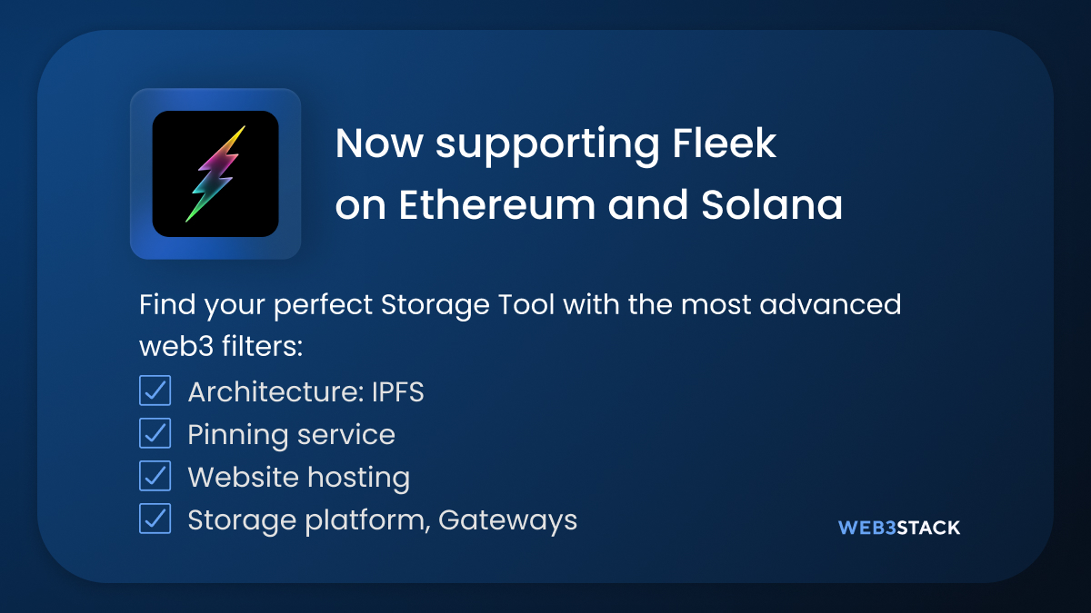 web3stackme's tweet image. Web3stack now supports @fleekxyz on Ethereum and Solana
Fleek allows to effortlessly build Web3 apps. Hosting, ENS, Storage, Pinning & More!
Vote for @fleekxyz as the best Storage Tool
Explore more web3 Storage Tools on Web3stack