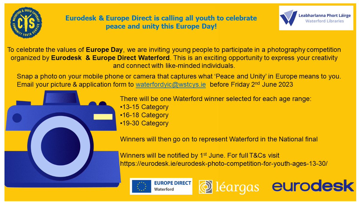 Enter our #Europeday @eurodesk photo competition for a chance to win great prizes. This competition is open to people aged 13-30 yrs of age. Get your entries in to waterfordyic@wstcys.ie @eudirect @WaterfordLive @wlrfm