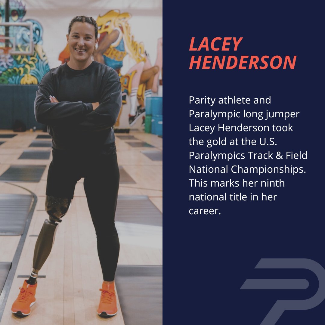Parity (@paritynow_) on Twitter photo Congratulations to Parity athlete and Paralympic long jumper <a href="/lacesyourfriend/">Lacey J Henderson, CMPC, PLY</a> on her win at the 2023 <a href="/USParaTF/">U.S. Paralympics Track & Field</a> National Championships! Hey Lacey, what's it like putting "9x National Champion" on your resume? 🥇🇺🇸
#USParaTrackAndField #USParalympics #ParalympicsGames #ParityNow Congratulations to Parity athlete and Paralympic long jumper <a href="/lacesyourfriend/">Lacey J Henderson, CMPC, PLY</a> on her win at the 2023 <a href="/USParaTF/">U.S. Paralympics Track & Field</a> National Championships! Hey Lacey, what's it like putting "9x National Champion" on your resume? 🥇🇺🇸
#USParaTrackAndField #USParalympics #ParalympicsGames #ParityNow