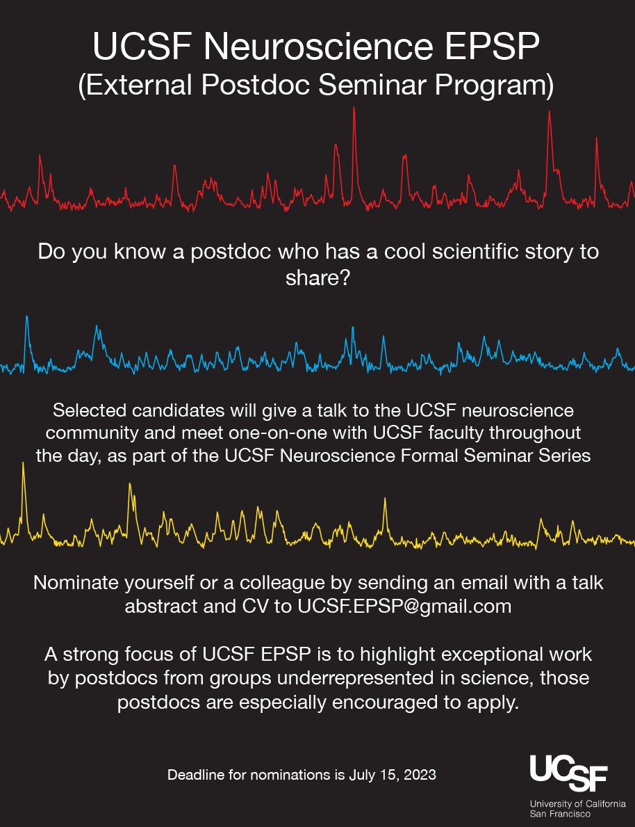 Mazen Kheirbek (@mazen_kheirbek) on Twitter photo We are super excited to host the next round of UCSF EPSP talks! Postdocs, come give a talk in the 2023-2024 <a href="/UCSFNSGrad/">UCSF Neuroscience Graduate Program</a> Neuroscience Formal Seminar Series. Great opportunity to show off your work and meet the UCSF neuroscience community. Please share with great candidates and RT! We are super excited to host the next round of UCSF EPSP talks! Postdocs, come give a talk in the 2023-2024 <a href="/UCSFNSGrad/">UCSF Neuroscience Graduate Program</a> Neuroscience Formal Seminar Series. Great opportunity to show off your work and meet the UCSF neuroscience community. Please share with great candidates and RT!