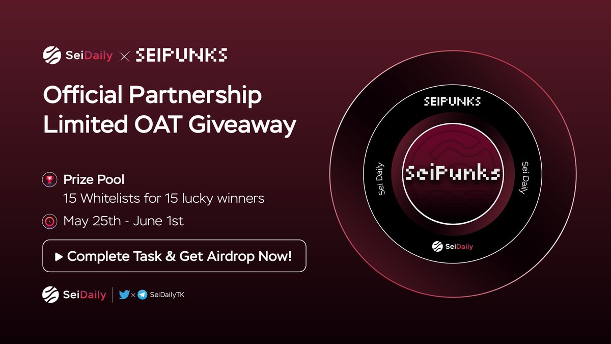 InkDailyTK's tweet image. 📢 OFFICIAL PARTNERSHIP GIVEAWAY @SeiDailyTK x @SeiPunks_NFTs

➡️ COMPLETE TASKS &amp;amp; GET AIRDROP HERE: galxe.com/Seidaily/campa…

🎁 Prize Pool: 15 Whitelists for 15 Lucky Winners 

⌚ May 25th - June 1st

#Airdrop #Giveaway #SeiNetwork