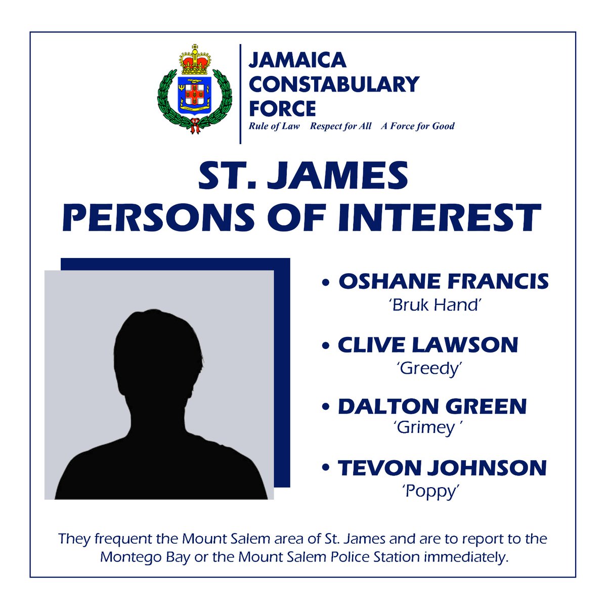 JamaicaConstab's tweet image. The St. James Police are urging these four individuals to report to the Mount Salem Police Station or the Montego Bay Police Station immediately.

If you know their whereabouts, contact the police.

#PersonsOfInterest