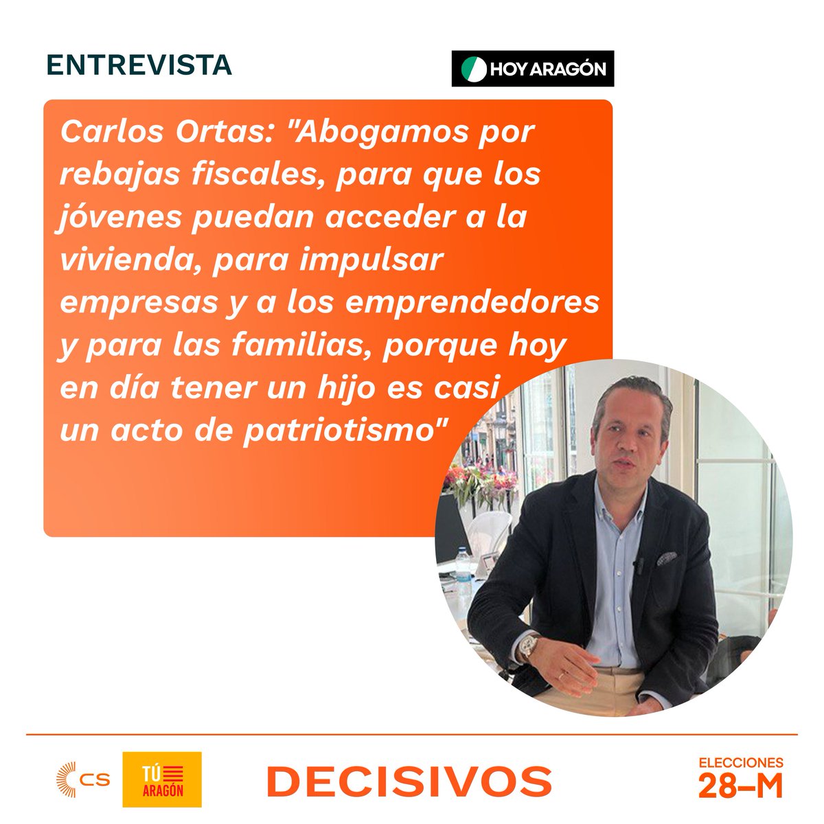 🗞️ Nuestro candidato <a href="/Carlos_Ortas/">Carlos Ortas 🇪🇦</a> entrevistado por <a href="/hoy_aragon/">HOY ARAGÓN</a> 

🗣️ "A dos días del final de la campaña apelamos a los indecisos: Ciudadanos Tu Aragón tiene propuestas reformistas y valientes para los aragoneses" 
#VotaOrtas #28m #Decisivos #Aragon
