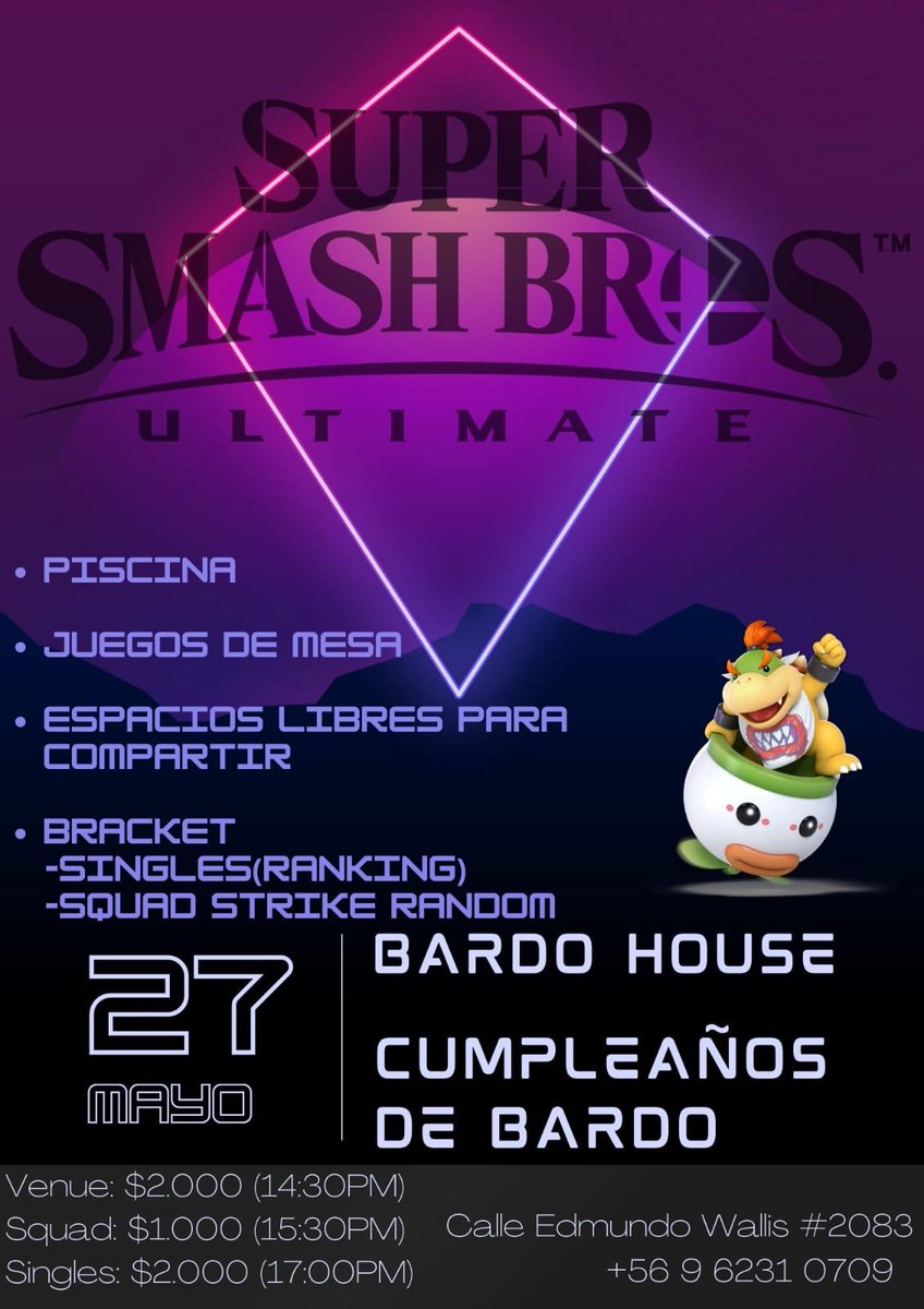 Torneo de Smash ultimate este sabado 27 de Mayo en Iquique!
les esperamos para compartir con la comunidad, en este torneo celebrando al pana <a href="/Bardossbu/">SSC|PKF|Bardo</a> !
<a href="/Pablo_SSBU/">SyC | GH | Pablo 🛌</a> <a href="/Kevincayogomez1/">Geno</a> <a href="/Manolo_Facha/">Manolo</a> <a href="/Nacho22e/">Nacho nomas</a> <a href="/Hansesteban88/">Hans Valdes 🇨🇱</a> <a href="/0Morts/">Morts</a> <a href="/BerserkerOx/">Berserker Ox</a> @Fox_Mayorr <a href="/__Kitsu/">Kitsu</a> <a href="/demoniodelarisa/">Fry!!</a>