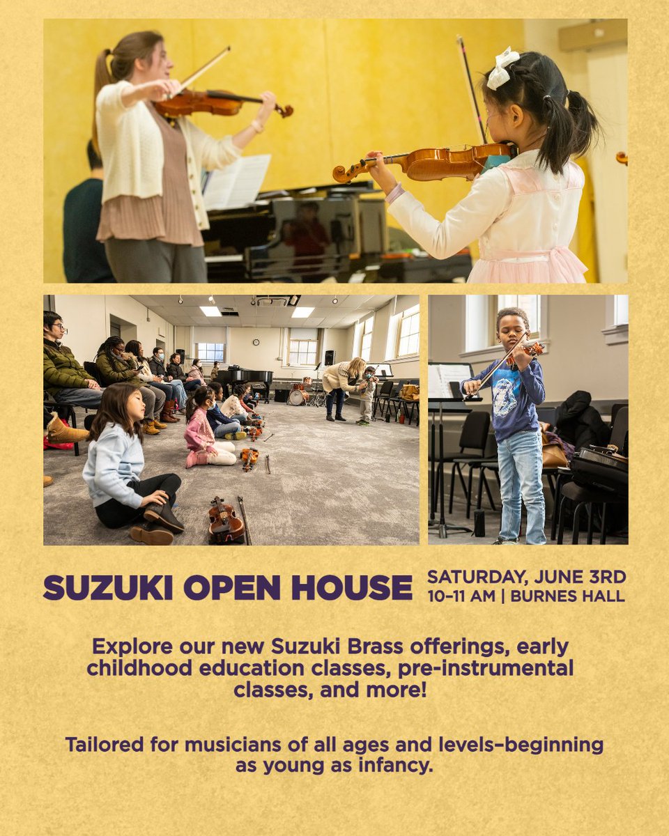 Explore our new Suzuki Brass offerings, early childhood classes, pre-instrumental classes &amp; more! Our programs are tailored for musicians of all ages and levels—beginning as young as infancy. RSVP to join us June 3 on <a href="/necmusic/">New England Conservatory</a>'s campus at 10am: bit.ly/June3Suzuki

#NECPrep